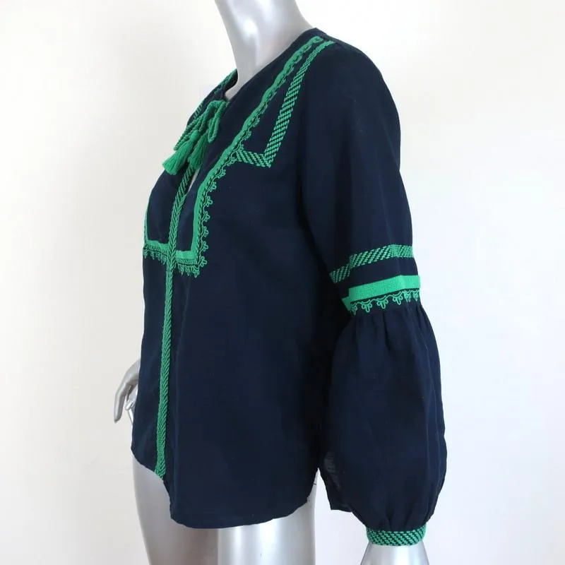 J.Crew Top Navy Embroidered Linen-Cotton Size 6 Long Sleeve Blouse