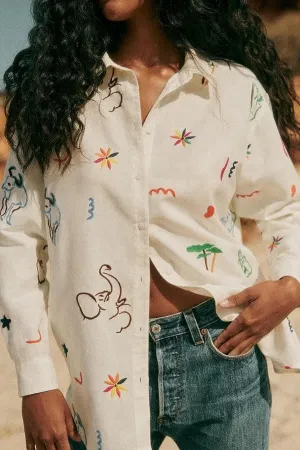 Joyful Color Linen Blend Unique Print Button Long Sleeve Loose Blouse