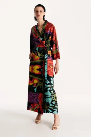 Kimono silk robe in floral black