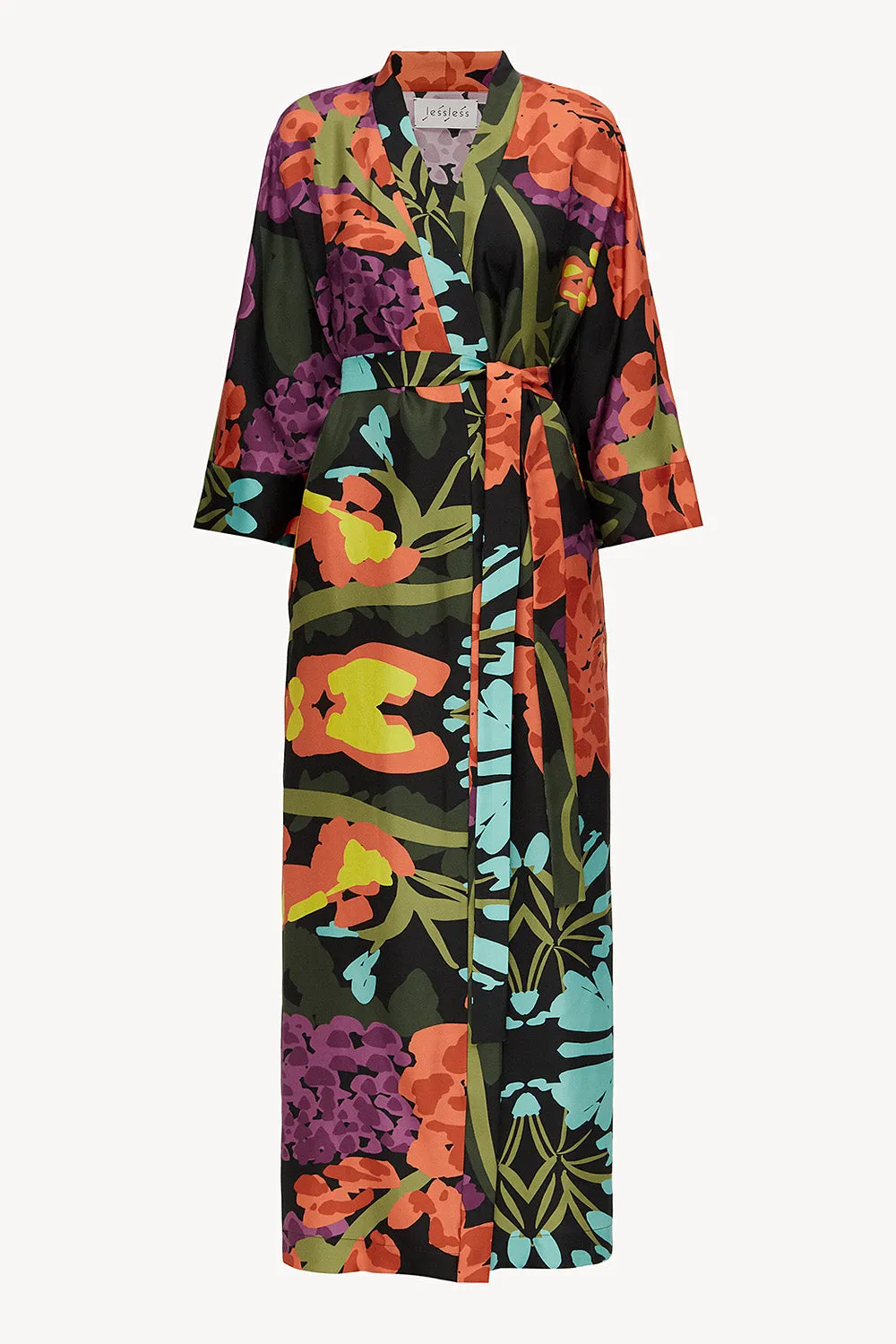 Kimono silk robe in floral black