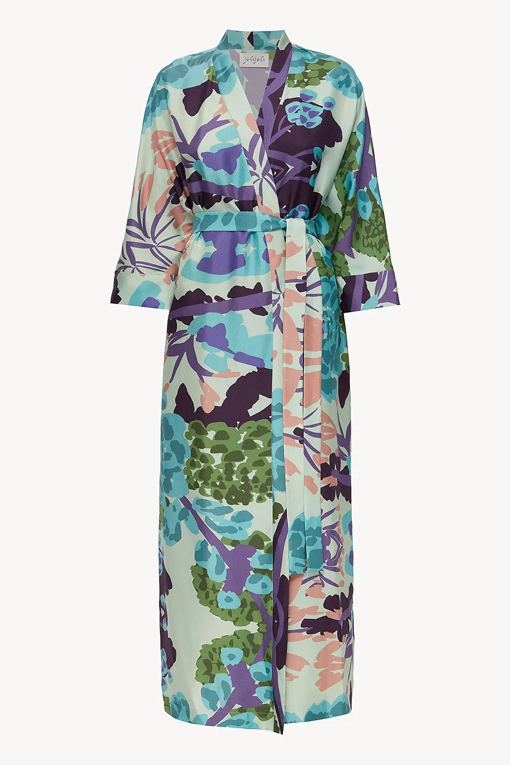 Kimono silk robe in floral blue