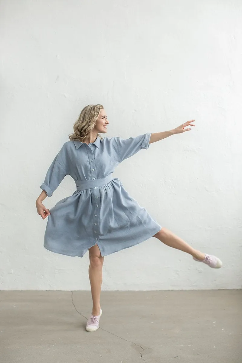 Kimono Sleeves Loose Linen Shirt Dress