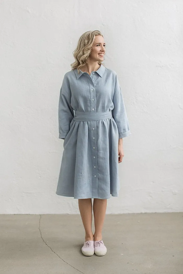 Kimono Sleeves Loose Linen Shirt Dress