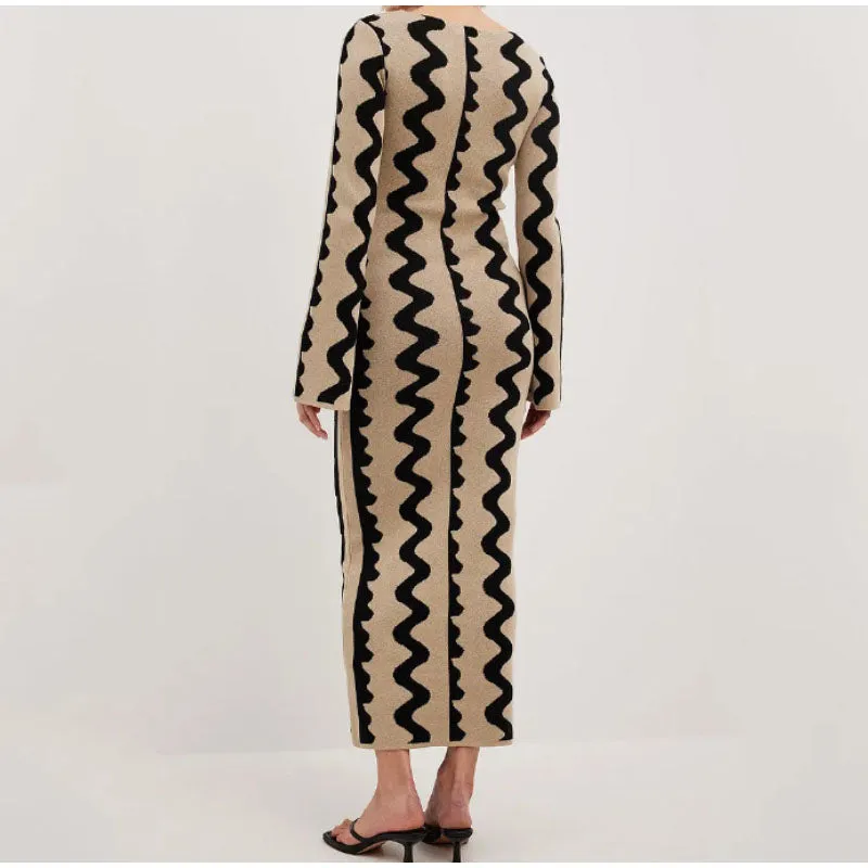 Knitted Flare Long Sleeve Maxi Dress
