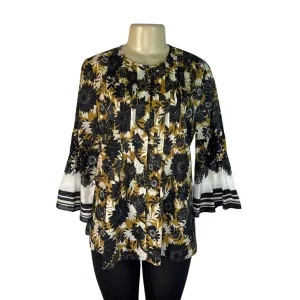 Kobi Halperin Black & Yellow Floral Print Blouse With Bell Sleeves Womens Size M