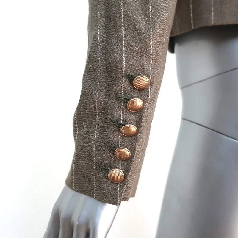 L'Agence Cropped Blazer Inez Olive/Gold Metallic-Striped Linen Blend Size 4 NEW