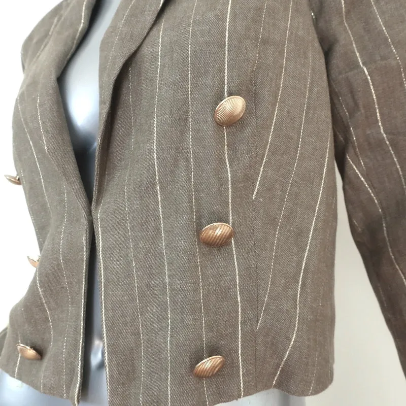 L'Agence Cropped Blazer Inez Olive/Gold Metallic-Striped Linen Blend Size 4 NEW