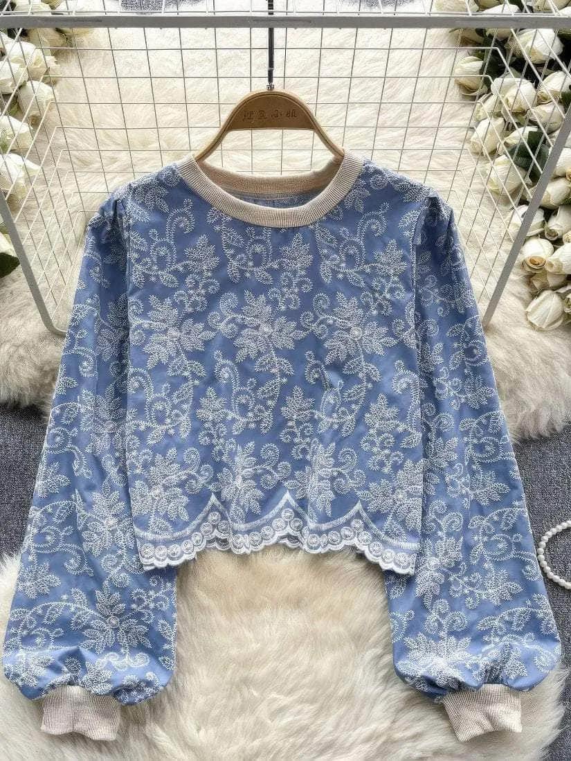 Lantern Sleeves Embroidered Scalloped Hem Shirt