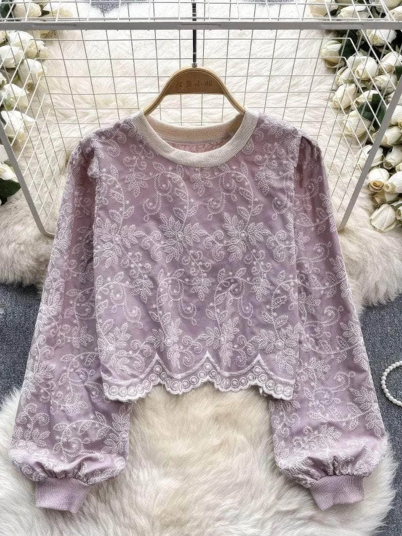 Lantern Sleeves Embroidered Scalloped Hem Shirt