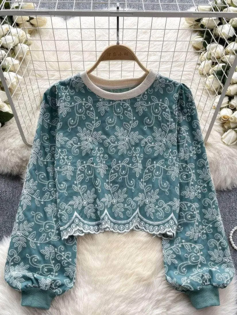 Lantern Sleeves Embroidered Scalloped Hem Shirt