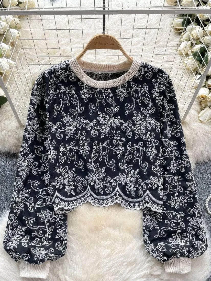 Lantern Sleeves Embroidered Scalloped Hem Shirt
