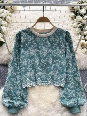 Lantern Sleeves Embroidered Scalloped Hem Shirt