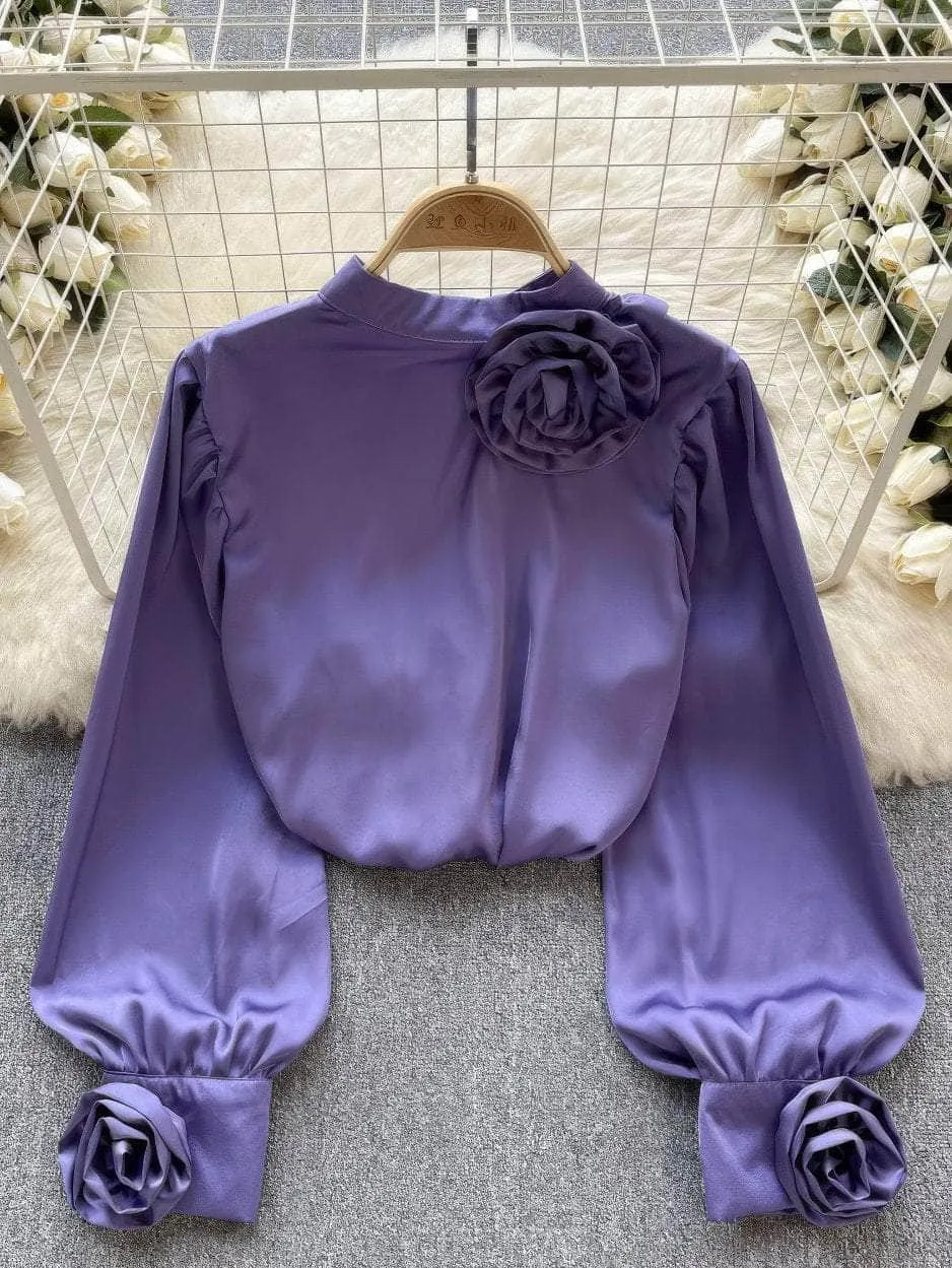 Lantern Sleeves Floral Deco Roundneck Satin Blouse