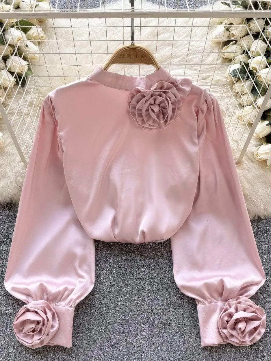Lantern Sleeves Floral Deco Roundneck Satin Blouse