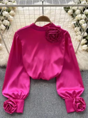 Lantern Sleeves Floral Deco Roundneck Satin Blouse