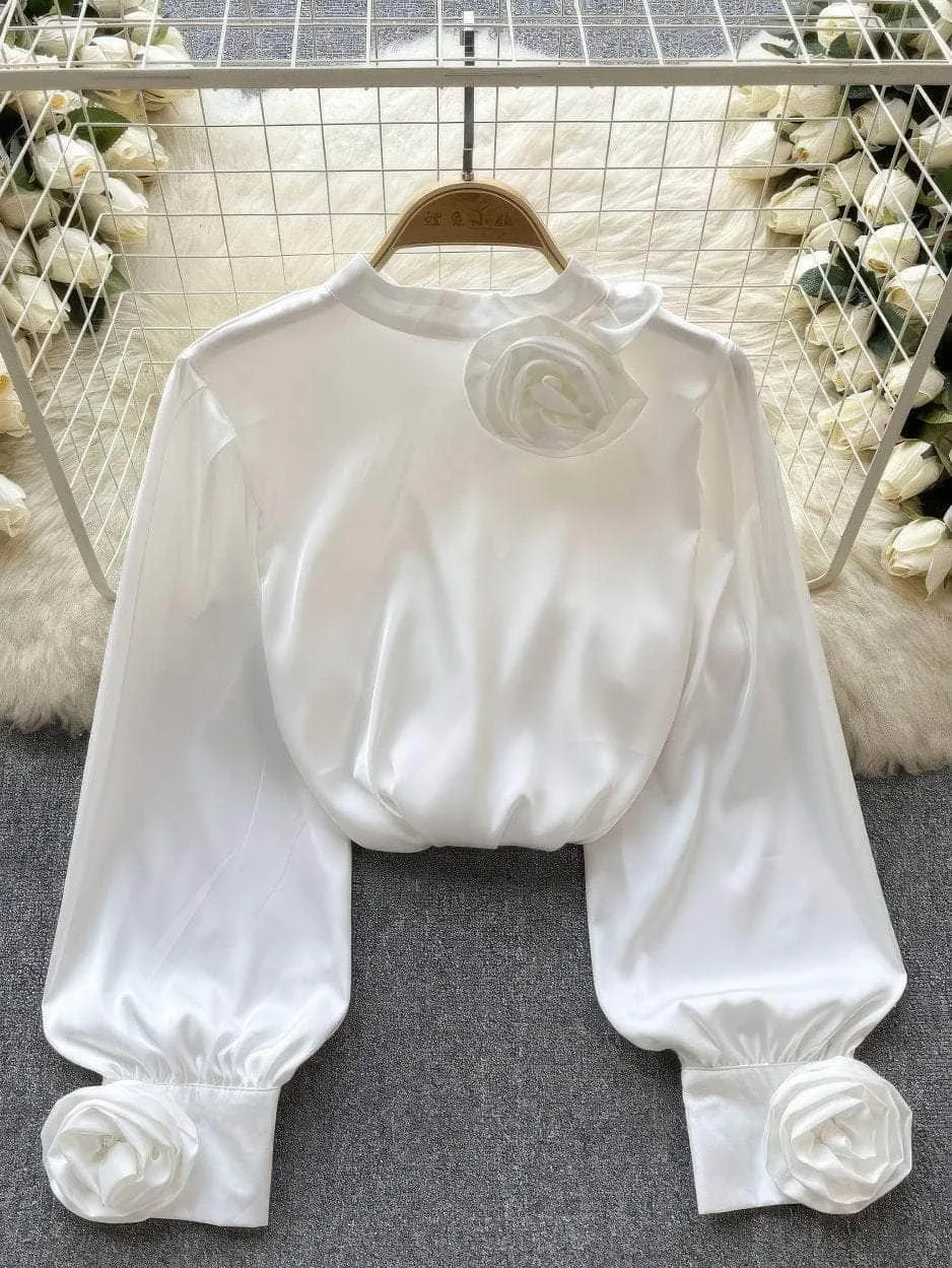 Lantern Sleeves Floral Deco Roundneck Satin Blouse