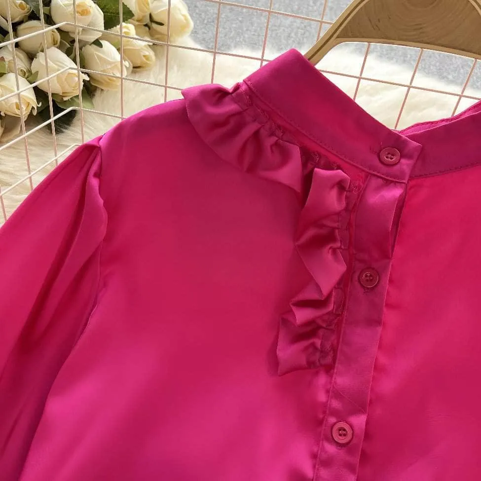 Lantern Sleeves Floral Deco Roundneck Satin Blouse