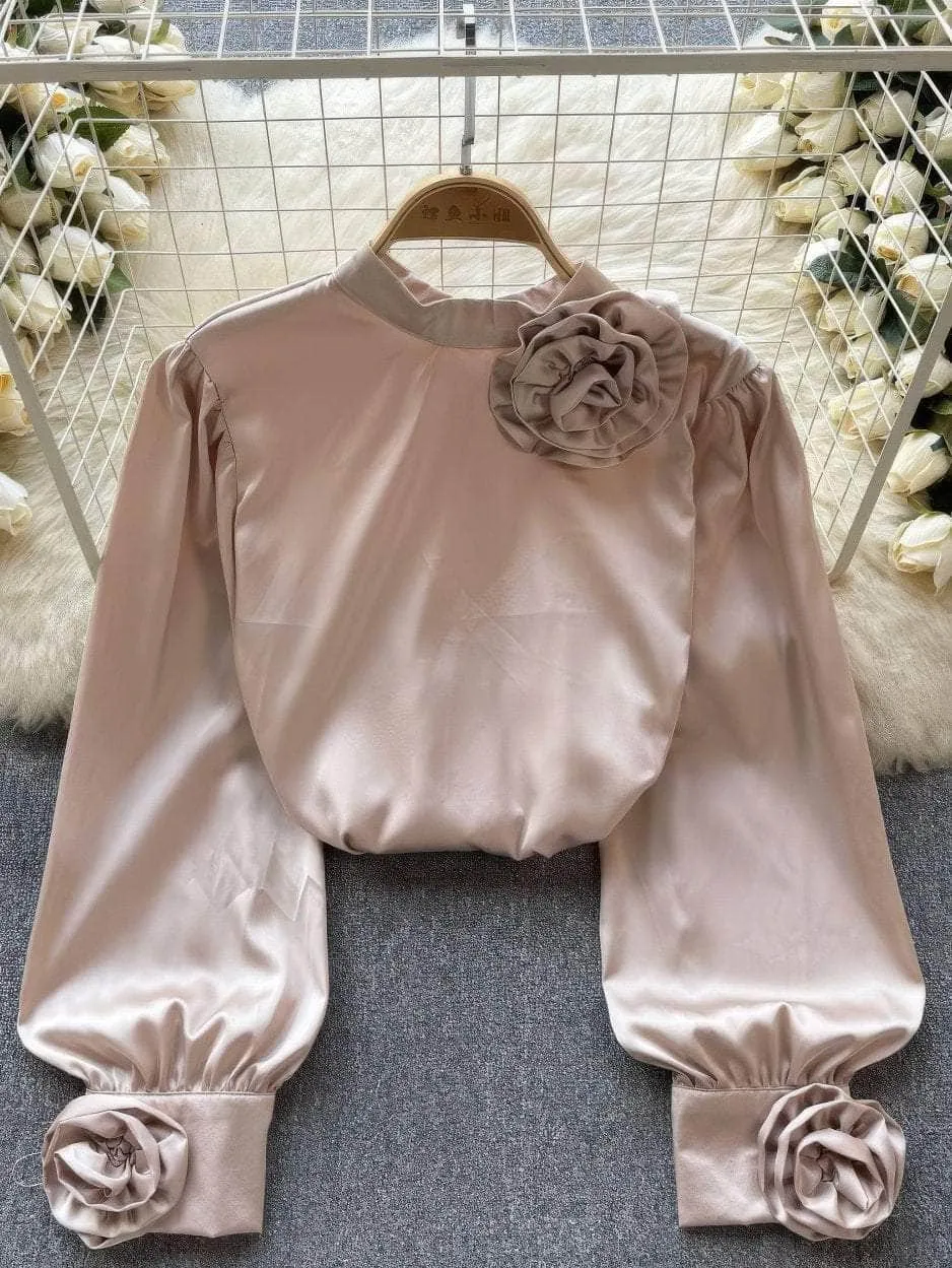 Lantern Sleeves Floral Deco Roundneck Satin Blouse