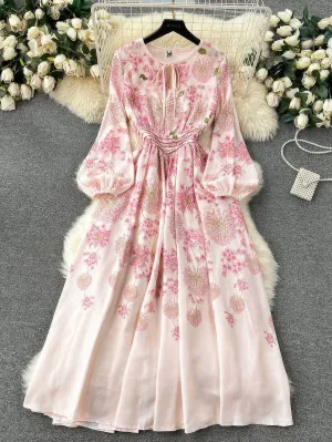 Lantern Sleeves Floral Print Midi A-line Dress