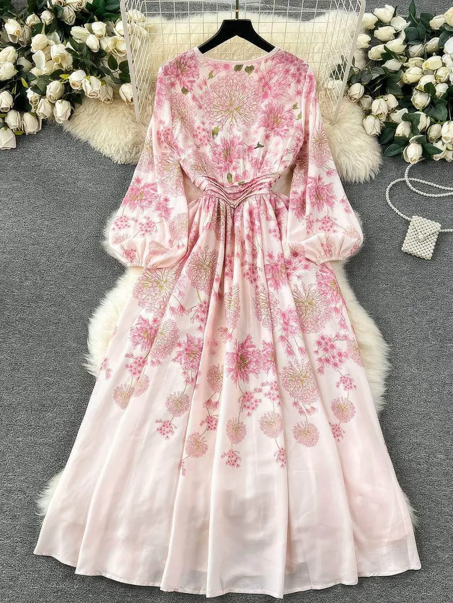 Lantern Sleeves Floral Print Midi A-line Dress
