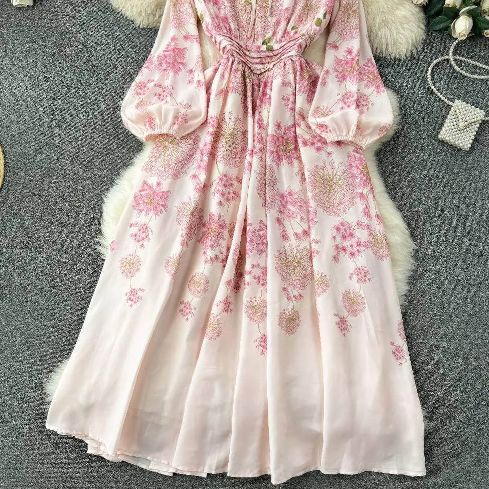 Lantern Sleeves Floral Print Midi A-line Dress