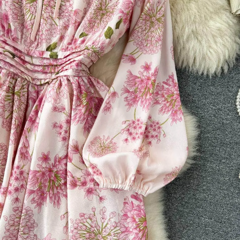 Lantern Sleeves Floral Print Midi A-line Dress