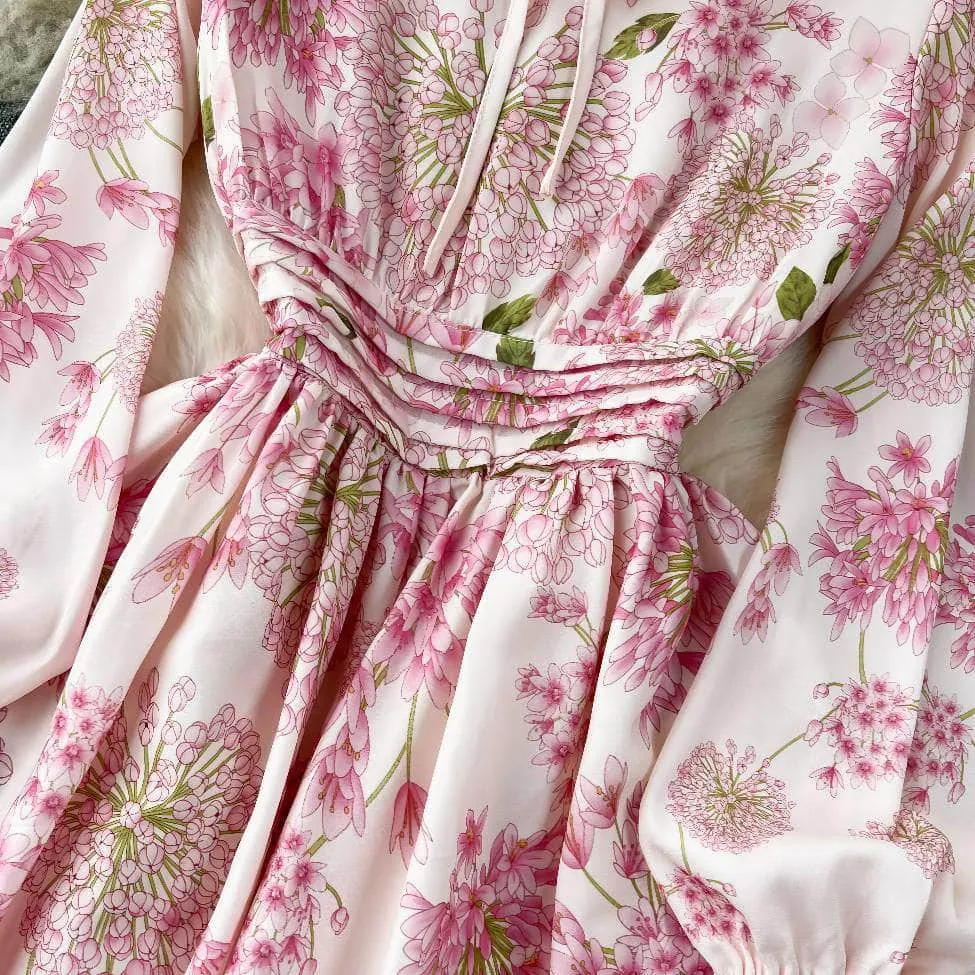 Lantern Sleeves Floral Print Midi A-line Dress