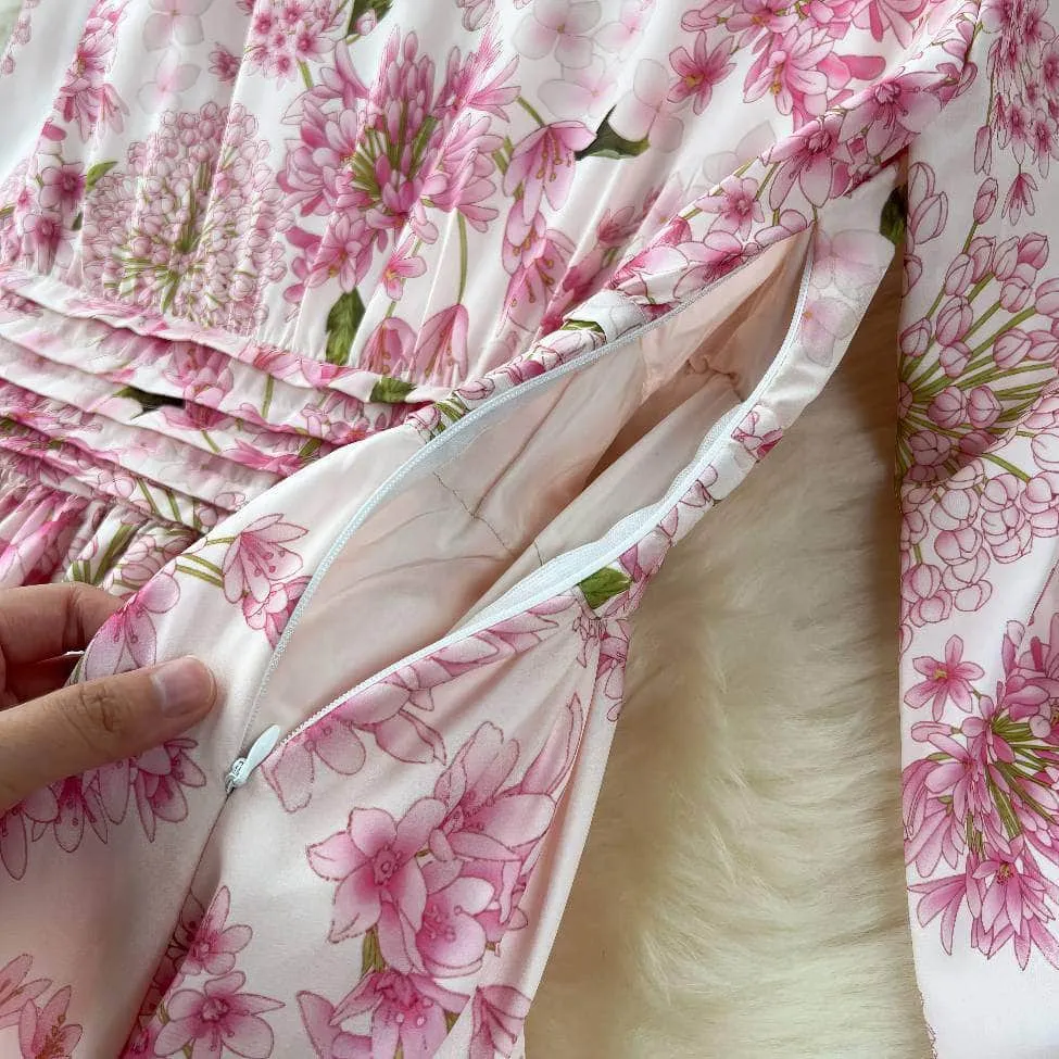 Lantern Sleeves Floral Print Midi A-line Dress