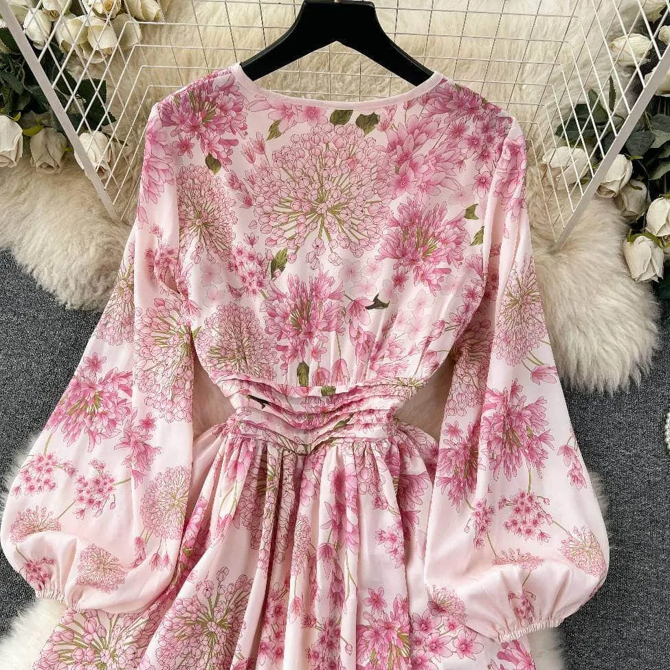 Lantern Sleeves Floral Print Midi A-line Dress