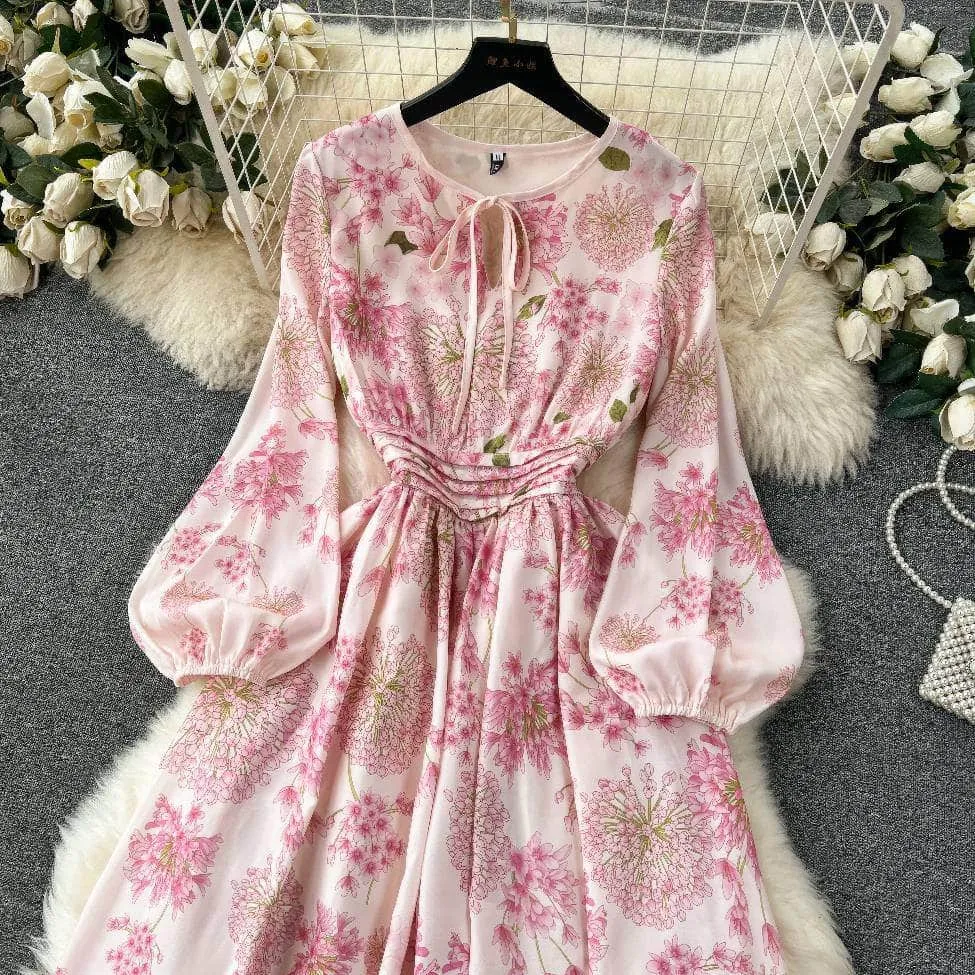 Lantern Sleeves Floral Print Midi A-line Dress