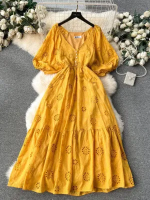 Lantern Sleeves V-Neck A-Line Double Hem A-Line Lace Dress
