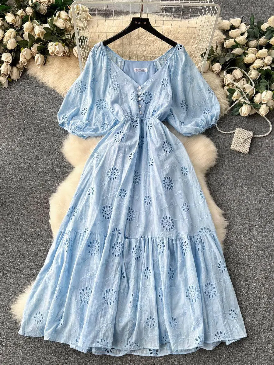 Lantern Sleeves V-Neck A-Line Double Hem A-Line Lace Dress