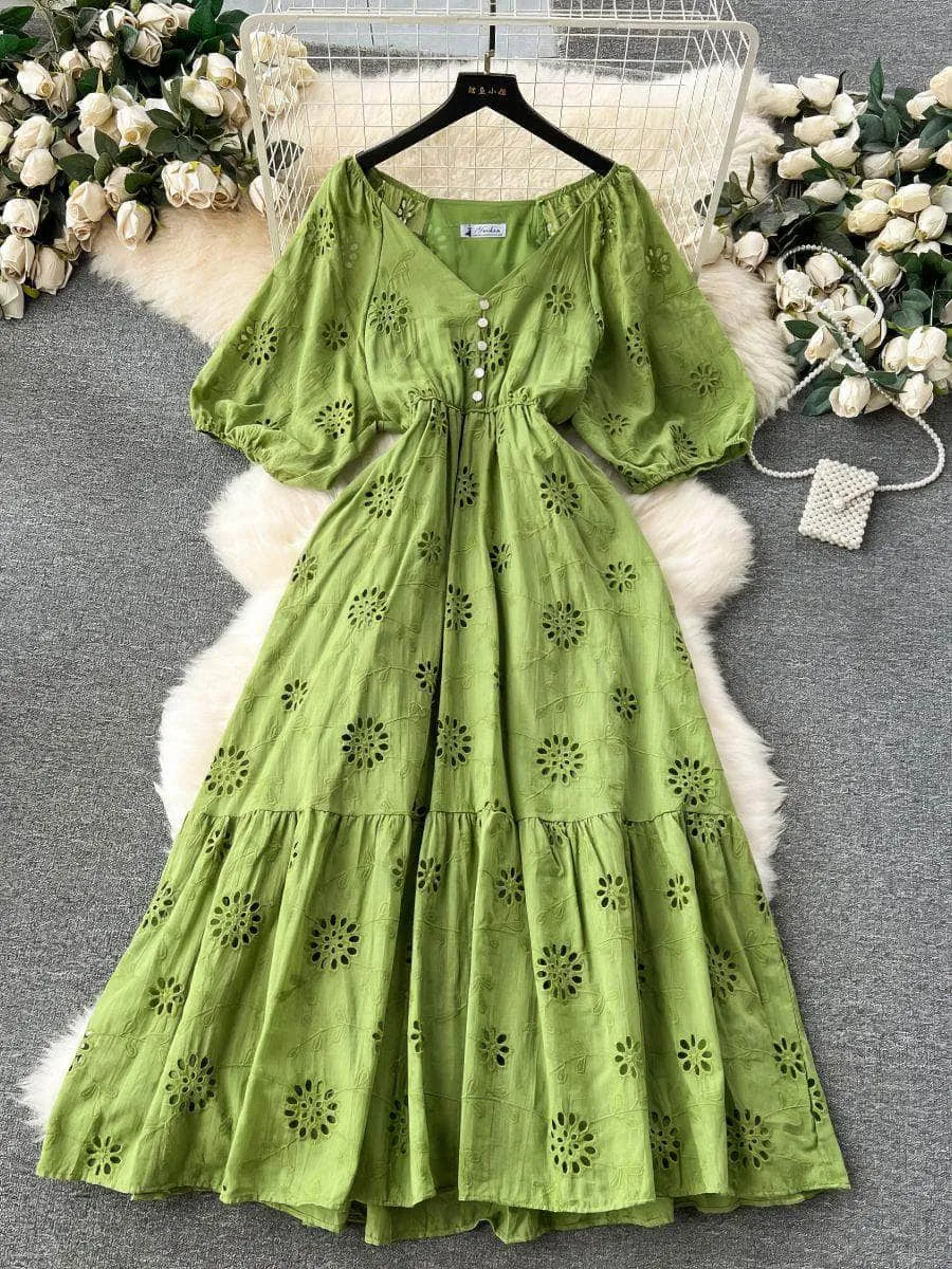 Lantern Sleeves V-Neck A-Line Double Hem A-Line Lace Dress