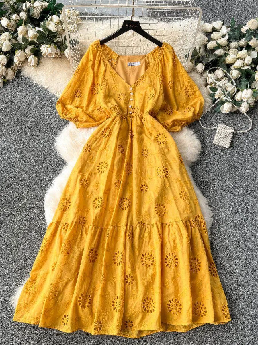 Lantern Sleeves V-Neck A-Line Double Hem A-Line Lace Dress