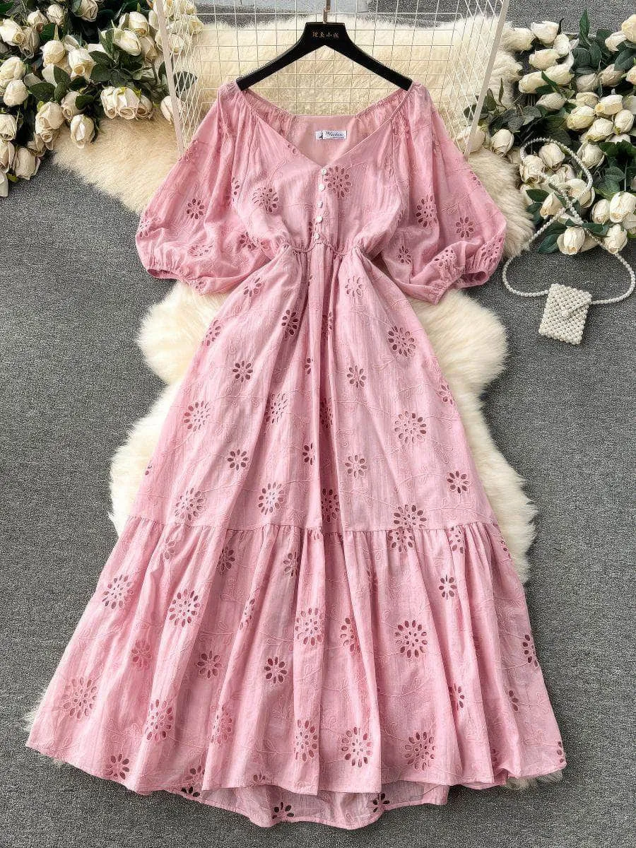 Lantern Sleeves V-Neck A-Line Double Hem A-Line Lace Dress