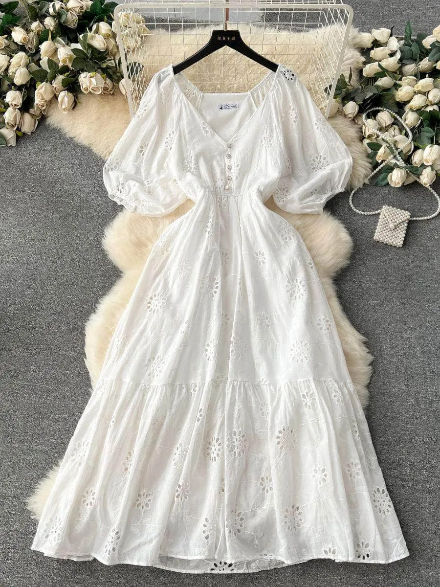 Lantern Sleeves V-Neck A-Line Double Hem A-Line Lace Dress