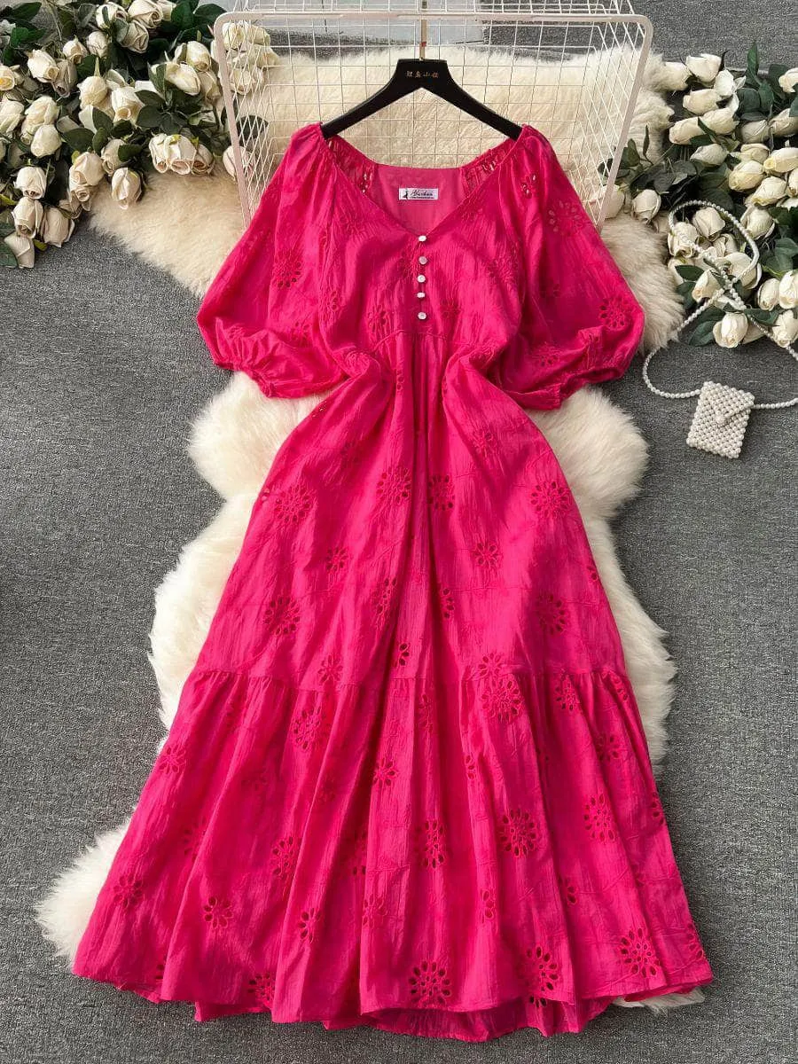 Lantern Sleeves V-Neck A-Line Double Hem A-Line Lace Dress