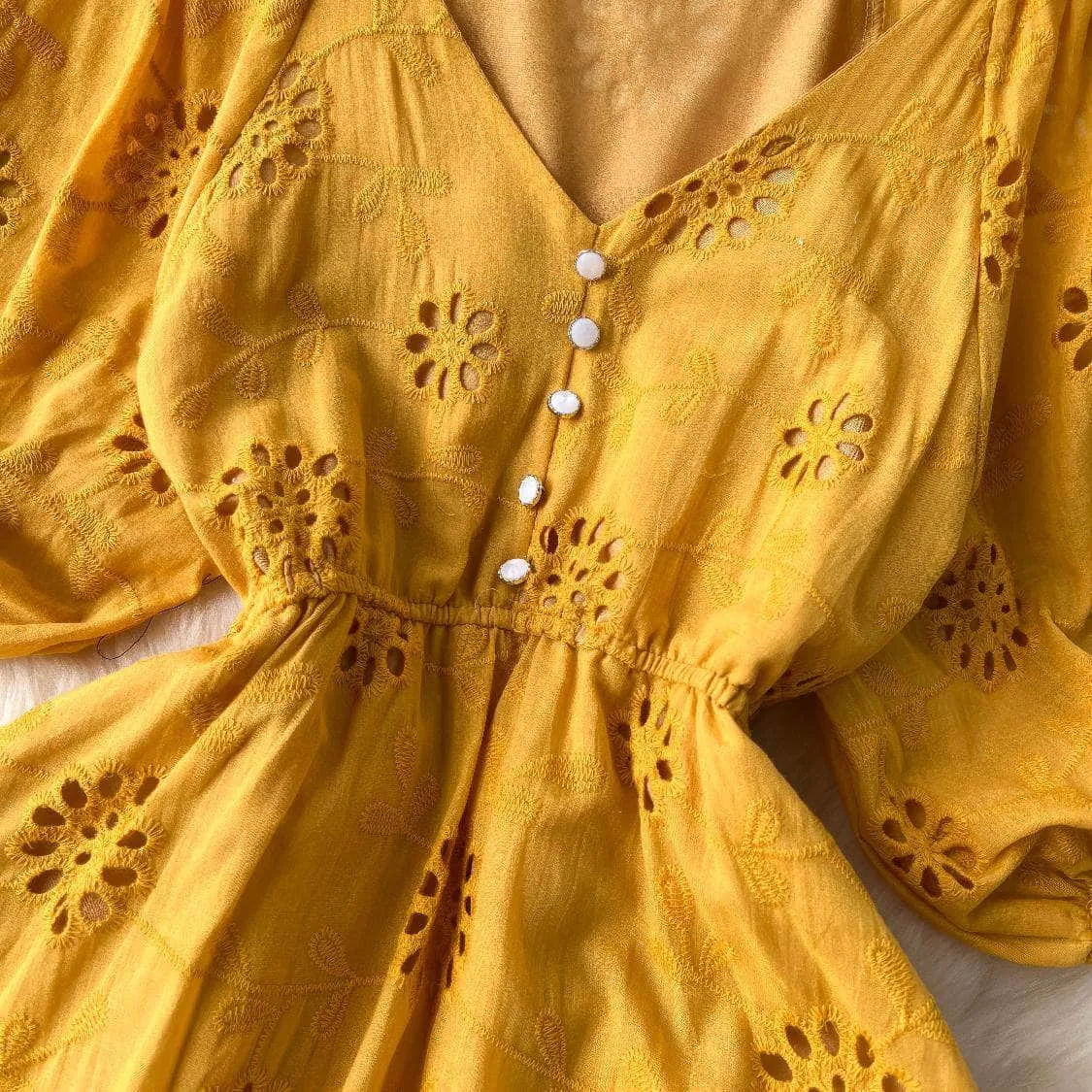 Lantern Sleeves V-Neck A-Line Double Hem A-Line Lace Dress