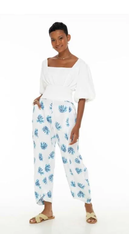 Linen blend coral print pants