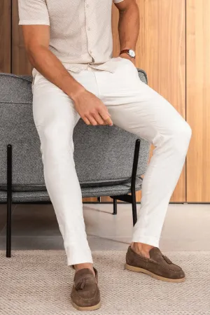 Linen Blend Cropped Pleated Trousers in Chalk