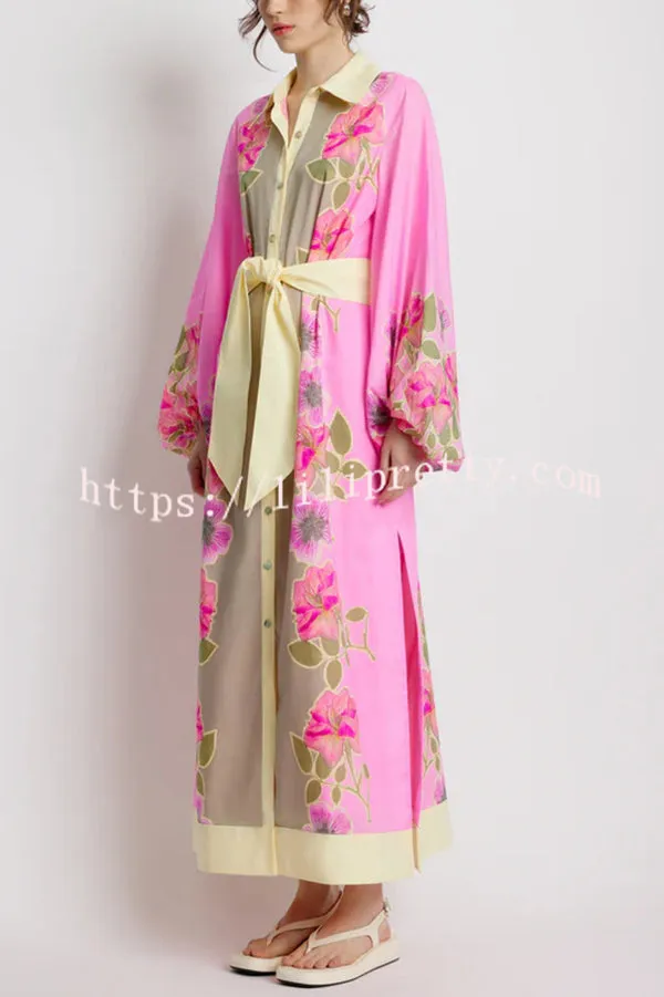 Linen Blend Floral Print Casual Cardigan Lace-up Maxi Dress