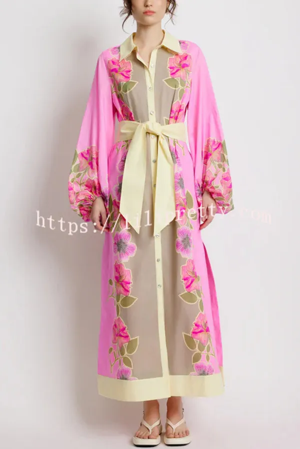 Linen Blend Floral Print Casual Cardigan Lace-up Maxi Dress