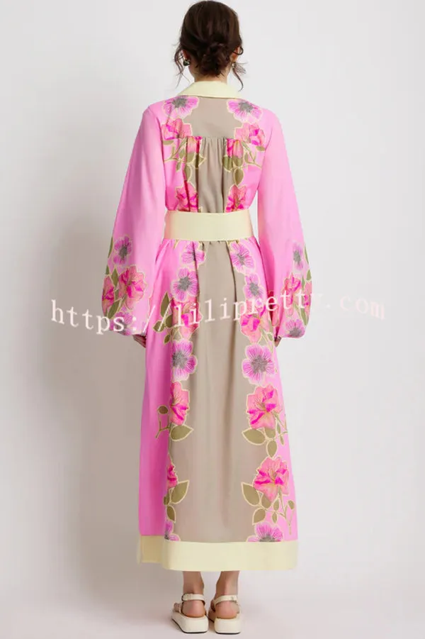 Linen Blend Floral Print Casual Cardigan Lace-up Maxi Dress