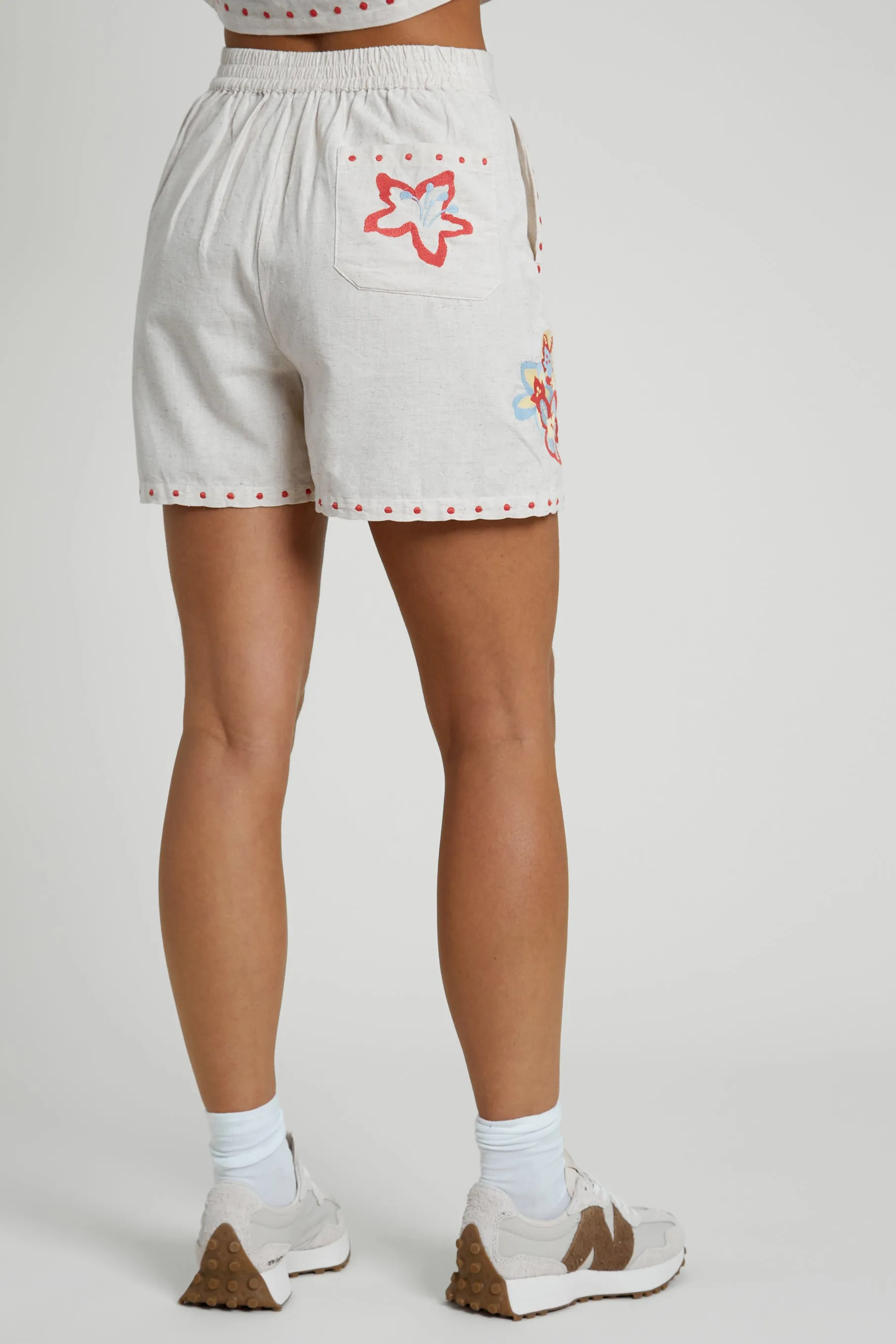Linen Blend Shorts with Floral Embroidery