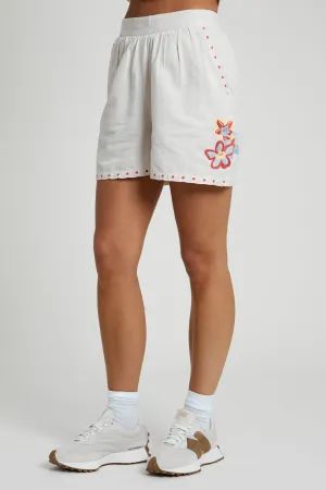 Linen Blend Shorts with Floral Embroidery