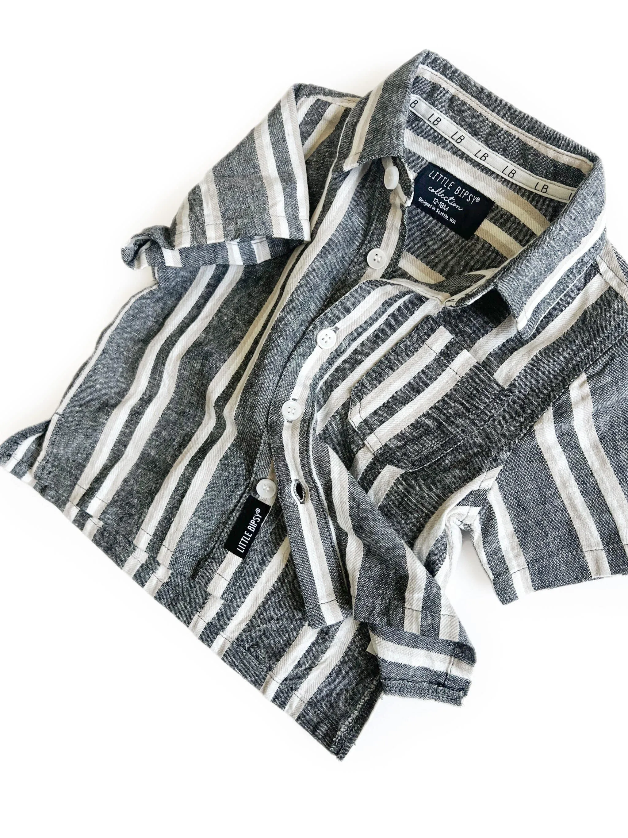 Little Bipsy Linen Button Up - Charcoal Stripe