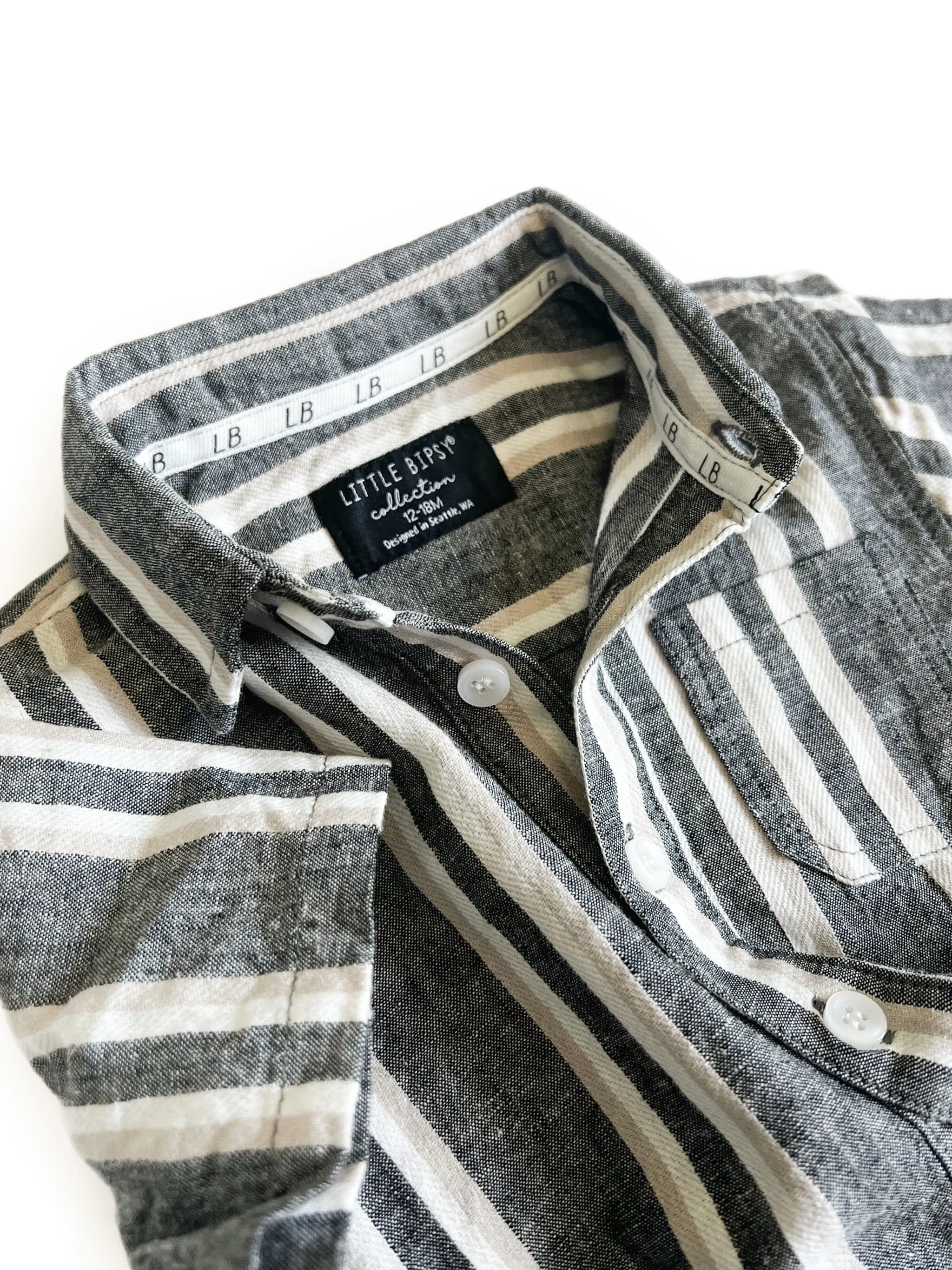 Little Bipsy Linen Button Up - Charcoal Stripe