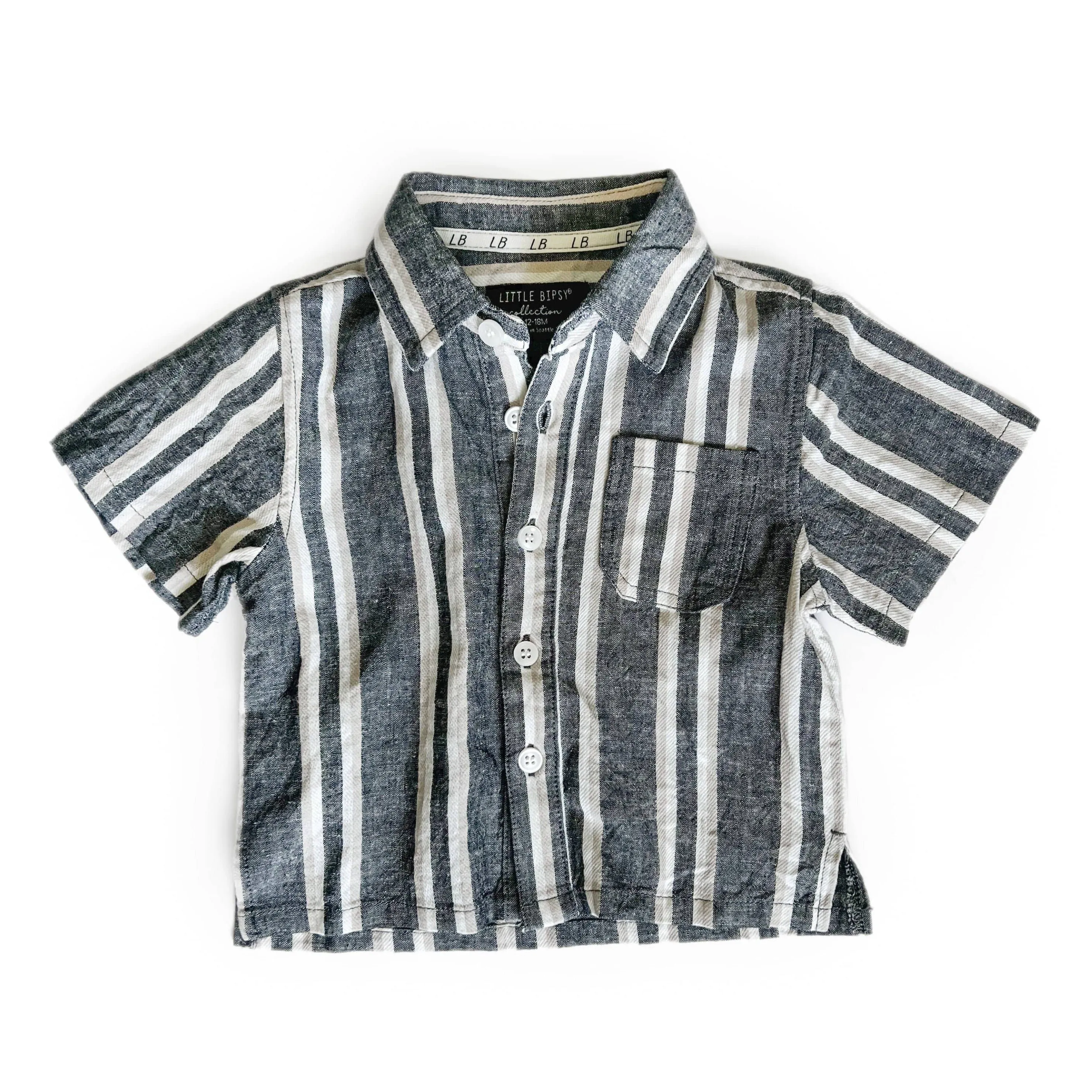 Little Bipsy Linen Button Up - Charcoal Stripe