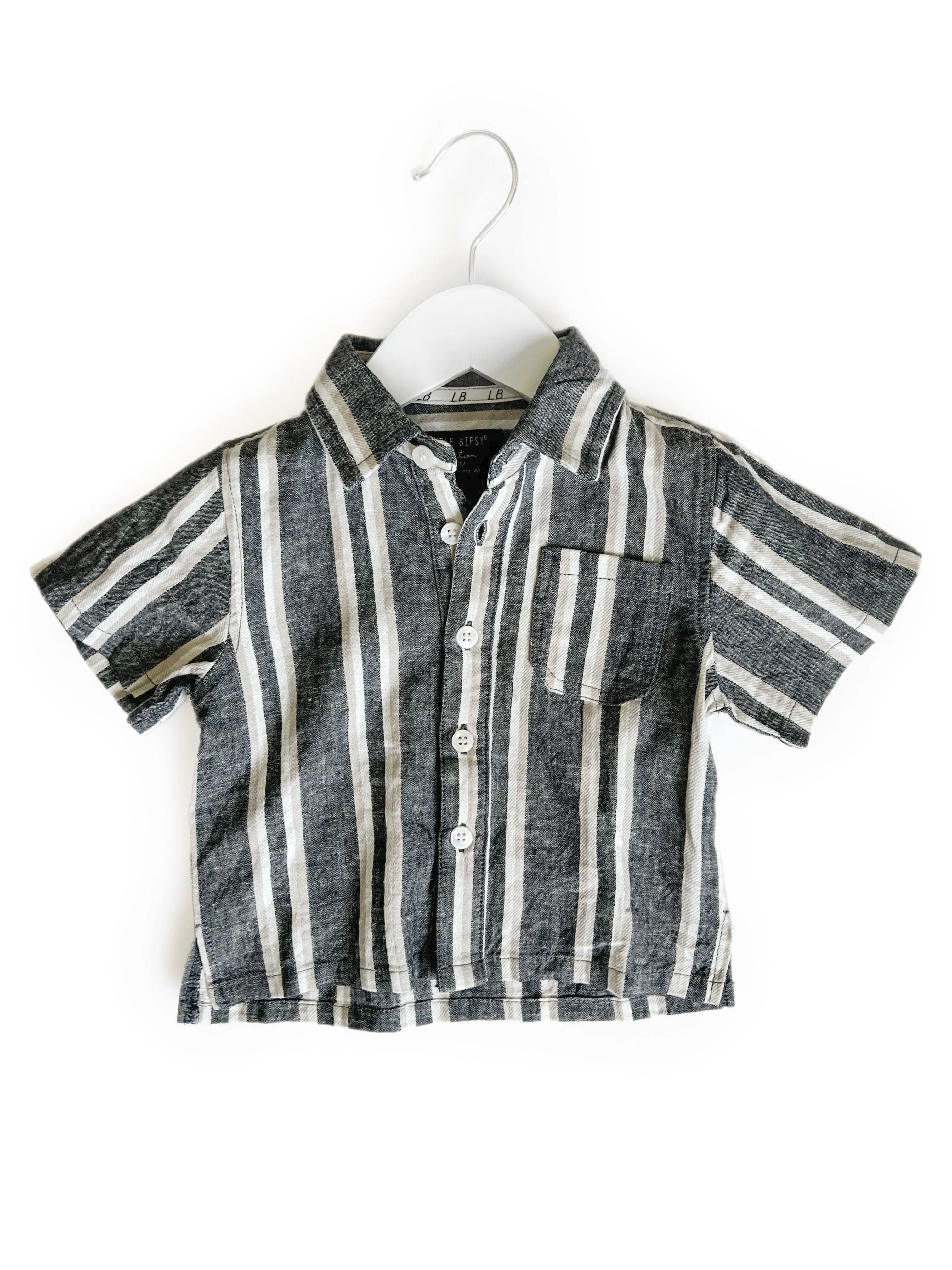 Little Bipsy Linen Button Up - Charcoal Stripe