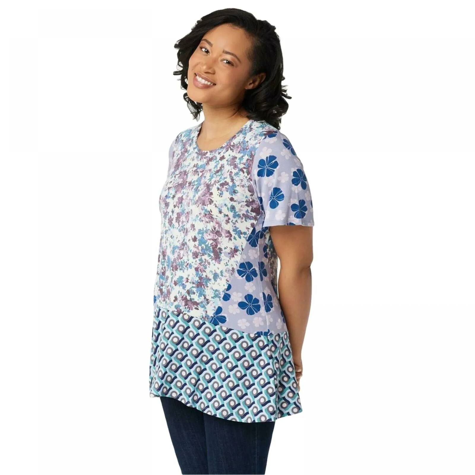 LOGO by Lori Goldstein Women's Mixed Print Knit Top With Seam Details